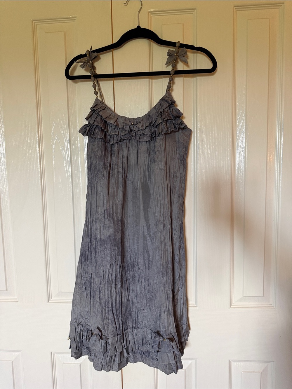 Yoana Baraschi Slate Gray Ruffle-Trim Slip Dress with Bow Straps
